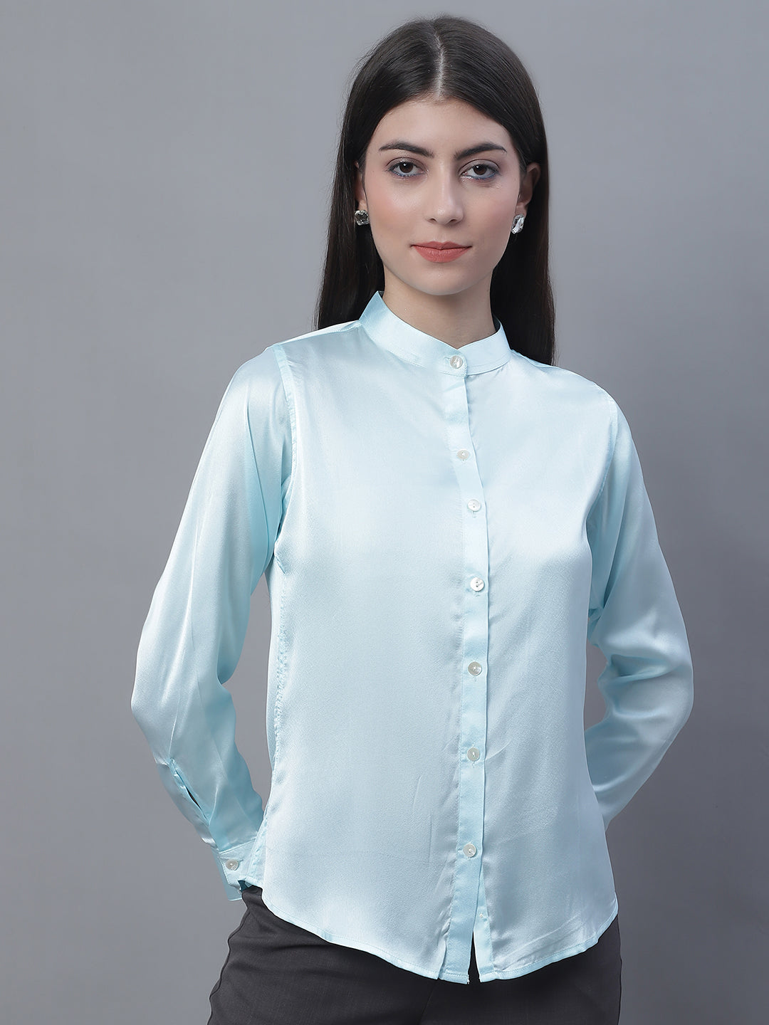Jainish Women's Sky Blue Solid Shirt Style Top - Distacart