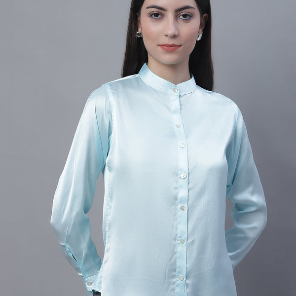 Jainish Women's Sky Blue Solid Shirt Style Top - Distacart