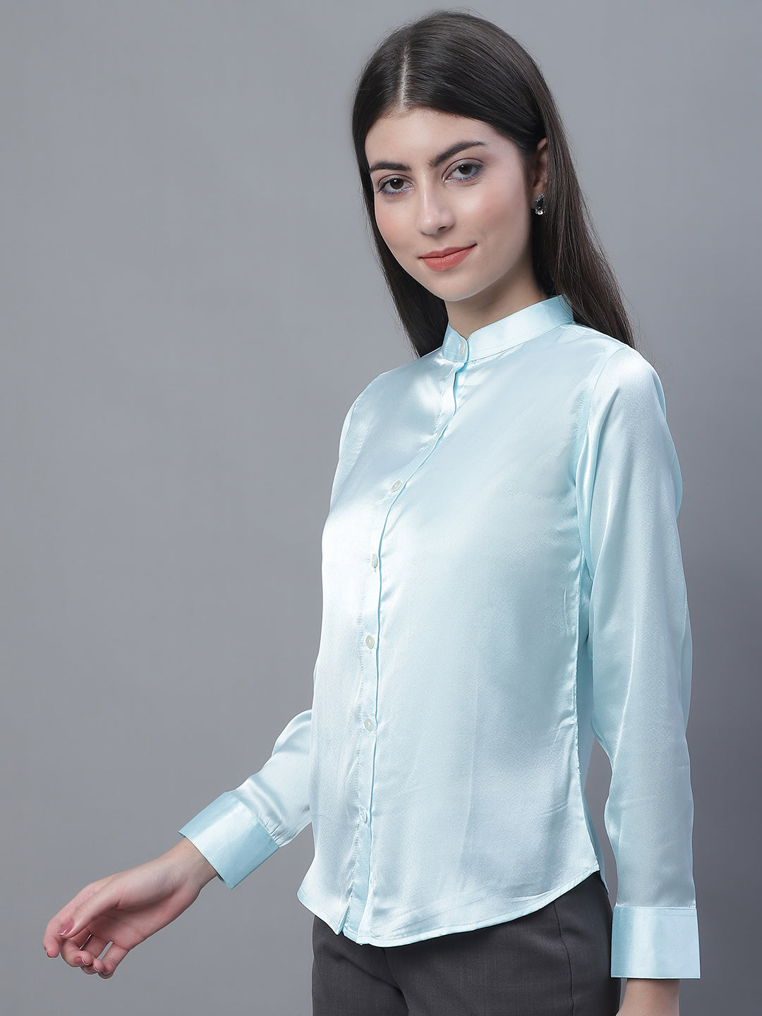 Jainish Women's Sky Blue Solid Shirt Style Top - Distacart