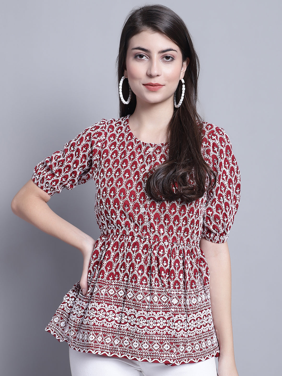 Jainish Women's WoChikankari & Sequins Work Empire Top - Maroon - Distacart