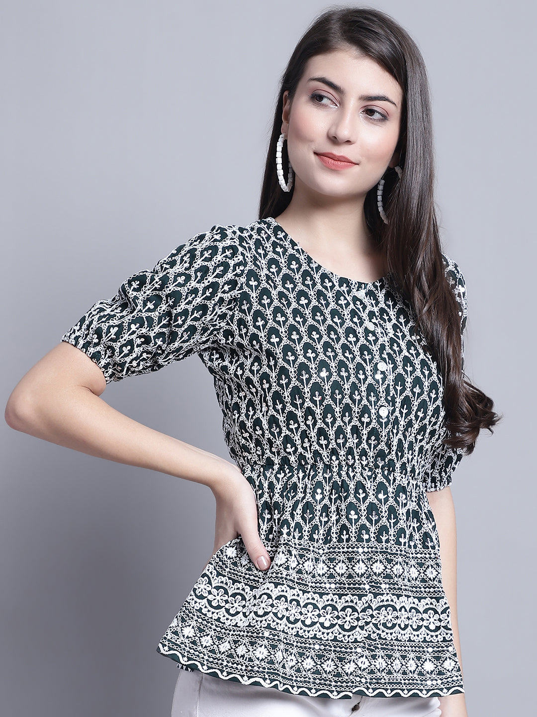 Jainish Women's WoChikankari & Sequins Work Empire Top - Olive - Distacart