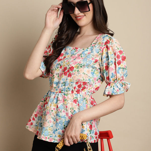 Jainish Women's Floral Print Puff Sleeves Top - Multi - Distacart