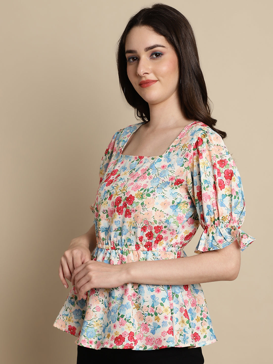 Jainish Women's Floral Print Puff Sleeves Top - Multi - Distacart