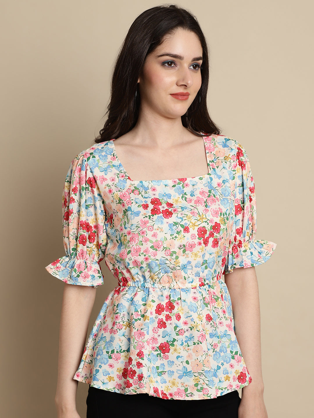 Jainish Women's Floral Print Puff Sleeves Top - Multi - Distacart