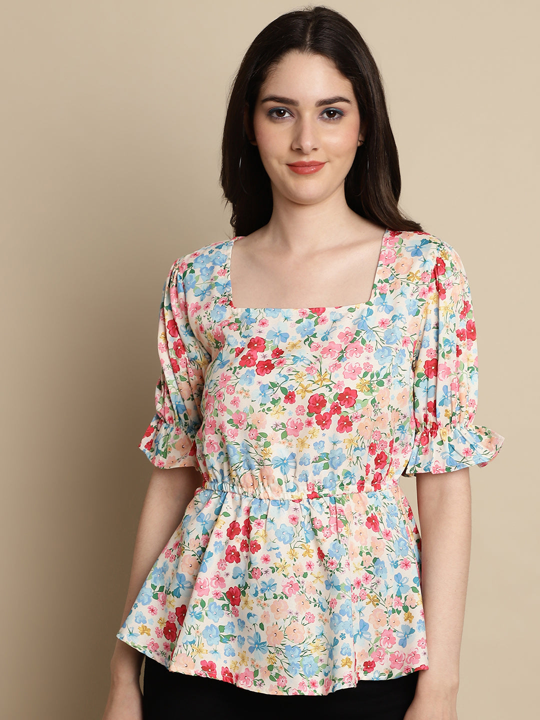 Jainish Women's Floral Print Puff Sleeves Top - Multi - Distacart