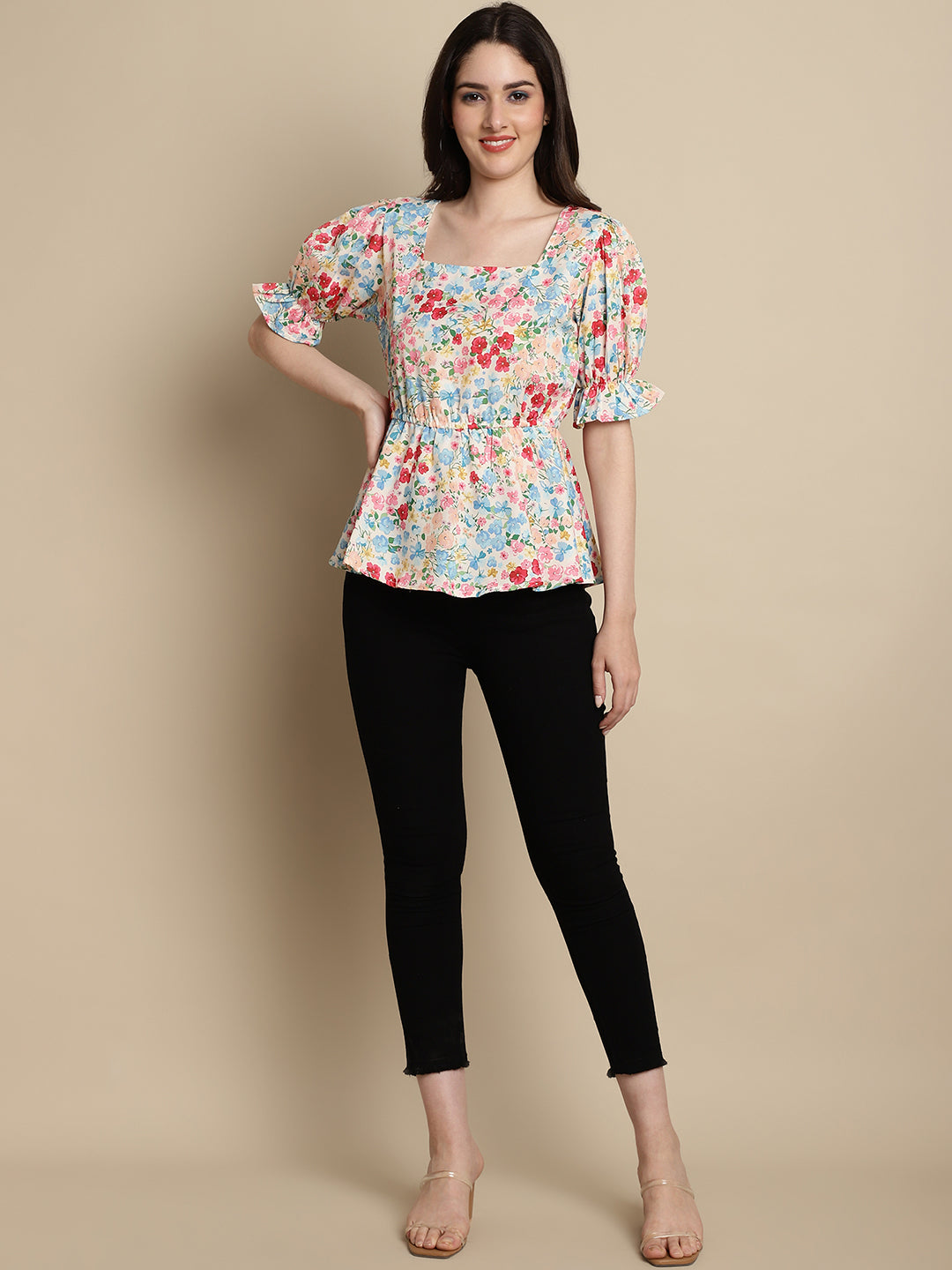 Jainish Women's Floral Print Puff Sleeves Top - Multi - Distacart