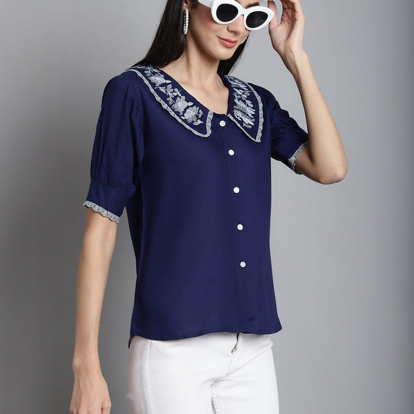 Jainish Women's Embroidered Peter Pan Collar Top - Navy Blue - Distacart