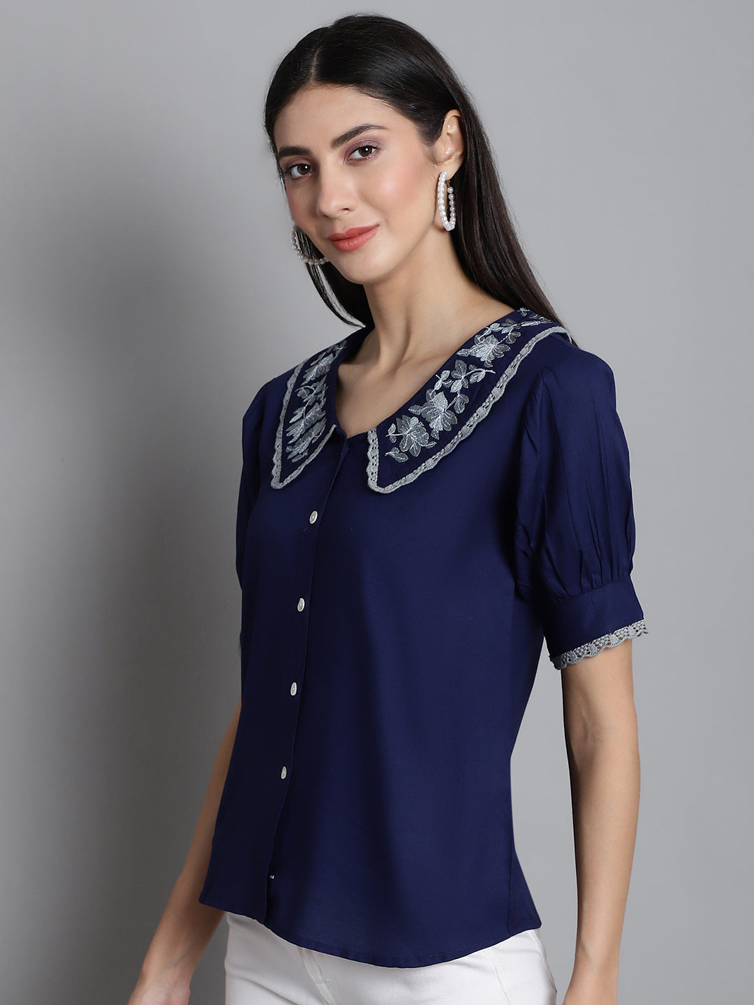 Jainish Women's Embroidered Peter Pan Collar Top - Navy Blue - Distacart