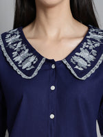 Thumbnail for Jainish Women's Embroidered Peter Pan Collar Top - Navy Blue - Distacart
