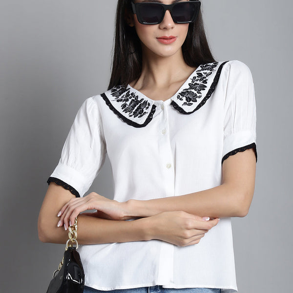 Jainish Women's Embroidered Peter Pan Collar Top - White - Distacart