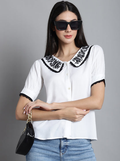 Jainish Women's Embroidered Peter Pan Collar Top - White - Distacart