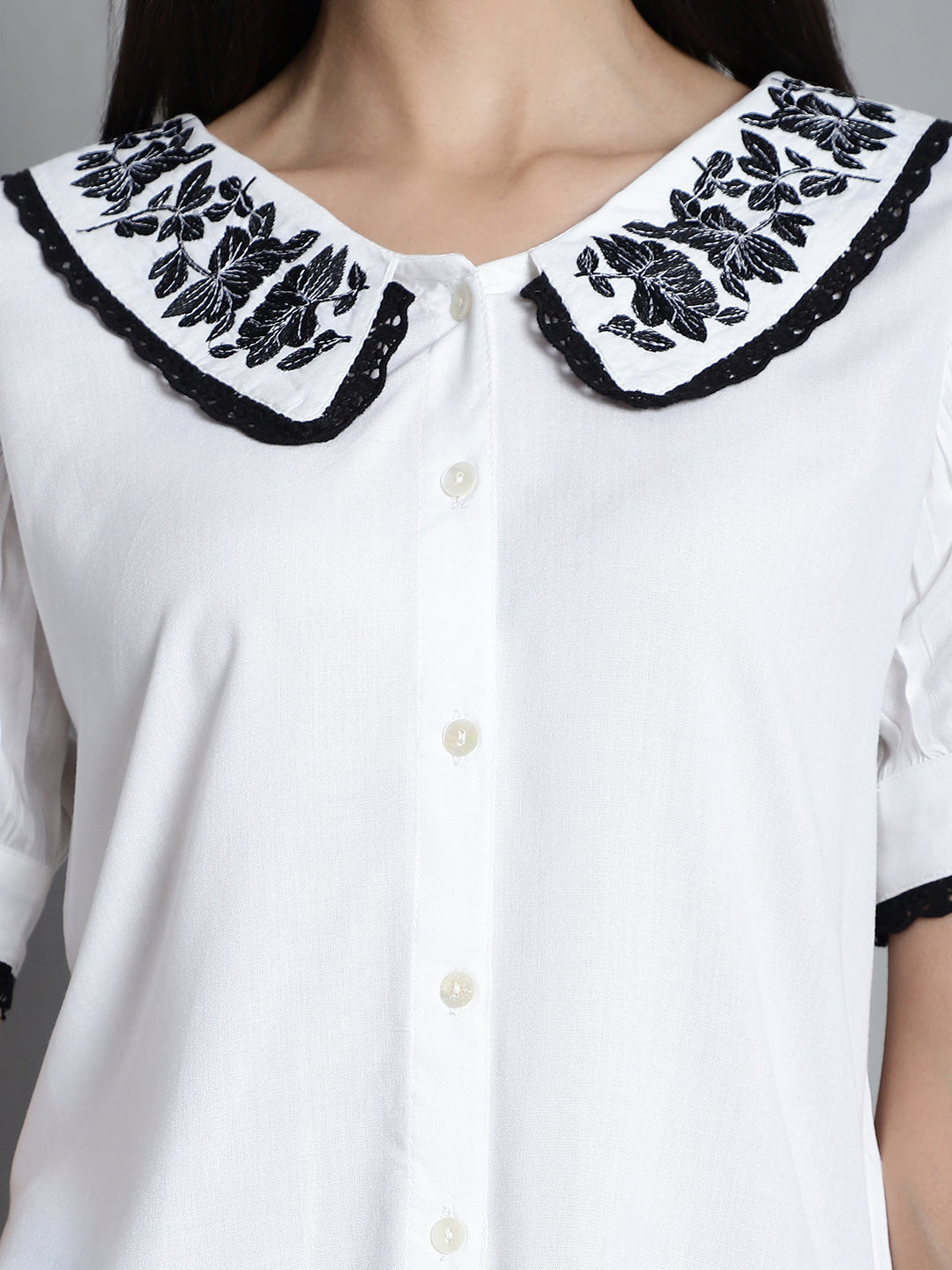 Jainish Women's Embroidered Peter Pan Collar Top - White - Distacart