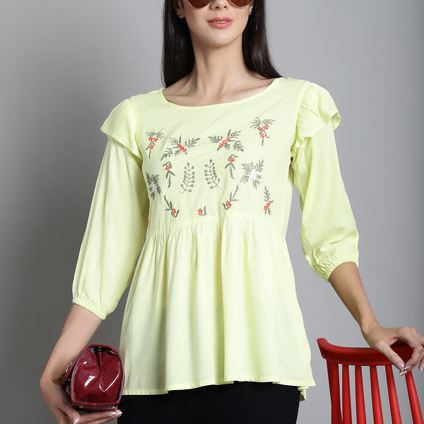 Jainish Women's Embroidered Stylish Top - Lemon - Distacart