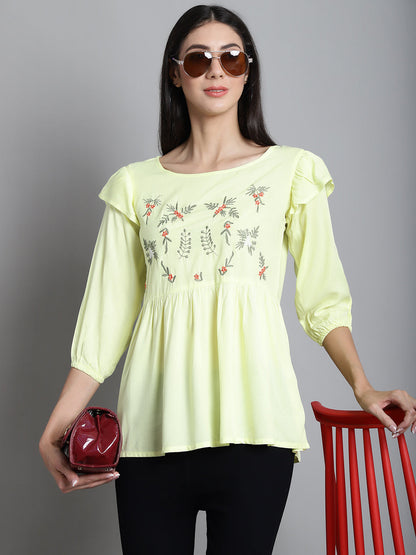 Jainish Women's Embroidered Stylish Top - Lemon - Distacart