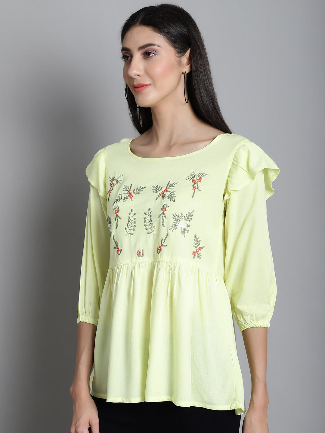 Jainish Women's Embroidered Stylish Top - Lemon - Distacart