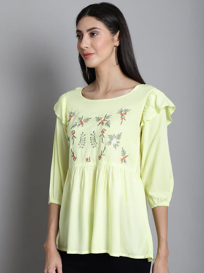Jainish Women's Embroidered Stylish Top - Lemon - Distacart