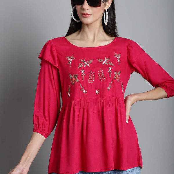 Jainish Women's Embroidered Stylish Top - Red - Distacart
