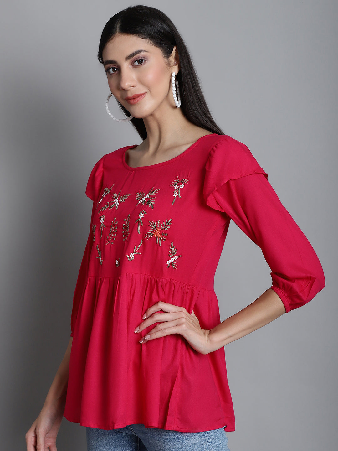 Jainish Women's Embroidered Stylish Top - Red - Distacart