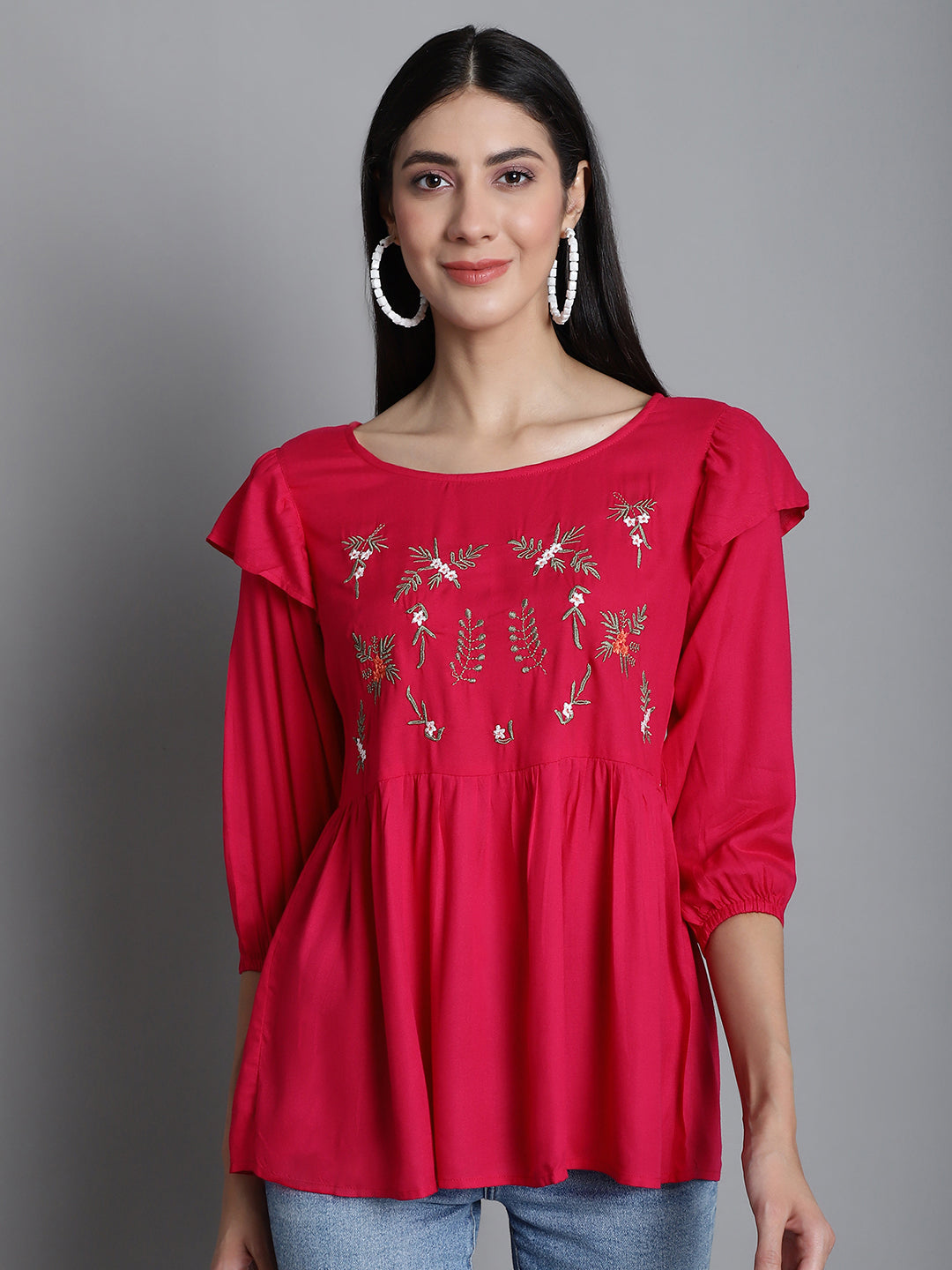 Jainish Women's Embroidered Stylish Top - Red - Distacart