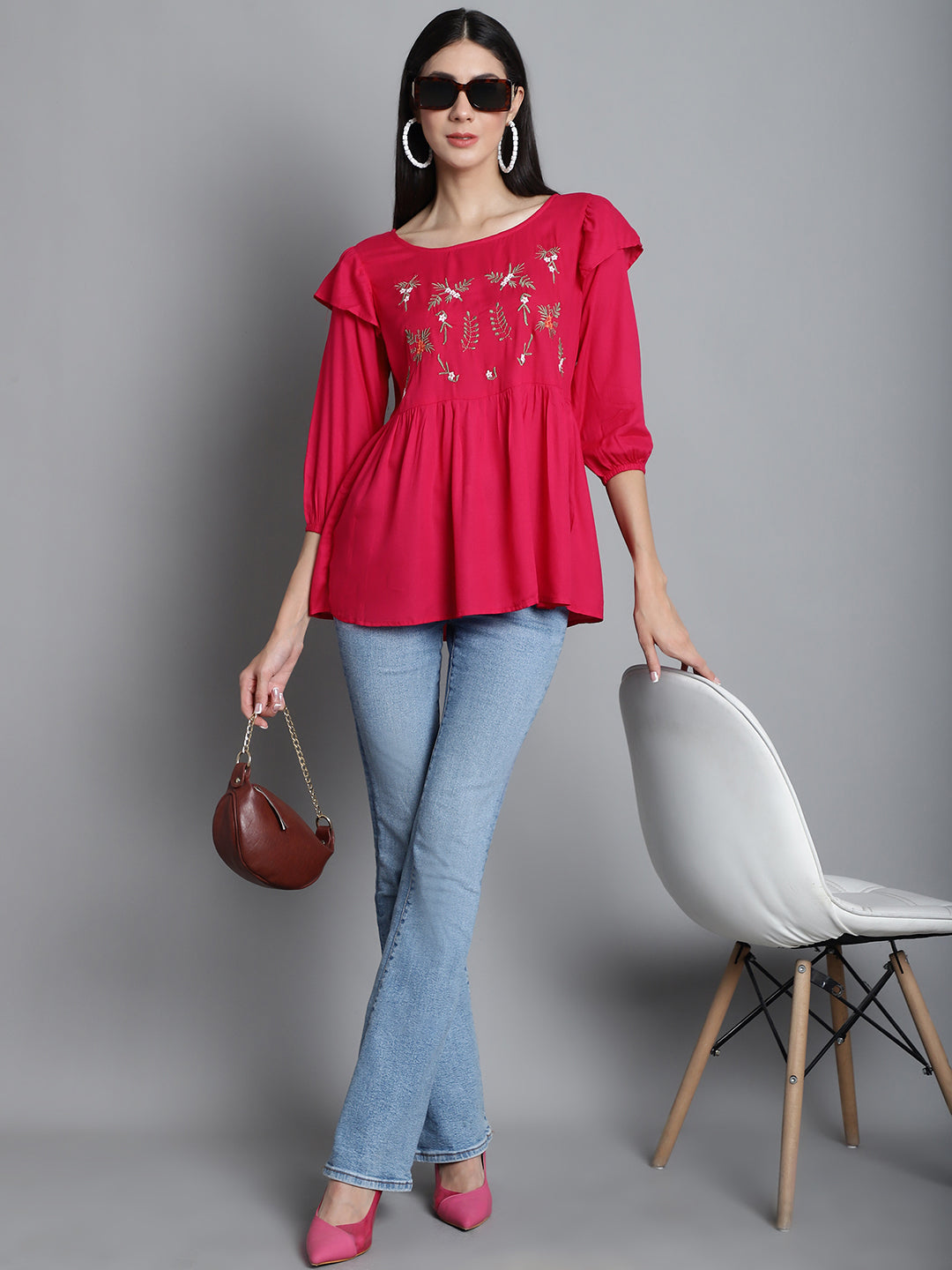 Jainish Women's Embroidered Stylish Top - Red - Distacart