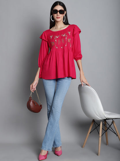 Jainish Women's Embroidered Stylish Top - Red - Distacart