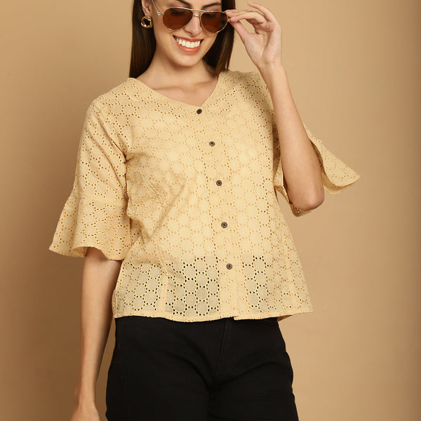 Indian Needle Women's Embroidered Cotton V-Neck Top - Beige - Distacart