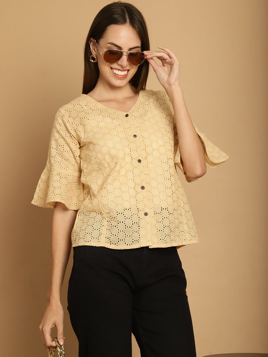 Indian Needle Women's Embroidered Cotton V-Neck Top - Beige - Distacart