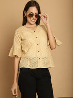 Thumbnail for Indian Needle Women's Embroidered Cotton V-Neck Top - Beige - Distacart