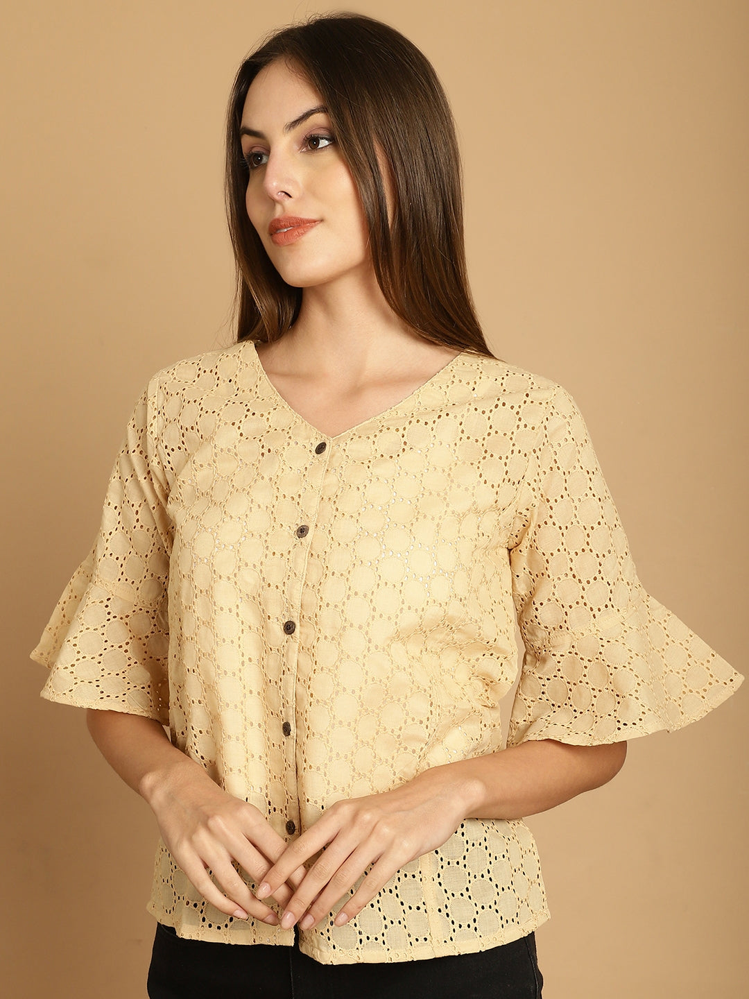 Indian Needle Women's Embroidered Cotton V-Neck Top - Beige - Distacart