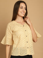 Thumbnail for Indian Needle Women's Embroidered Cotton V-Neck Top - Beige - Distacart