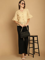 Thumbnail for Indian Needle Women's Embroidered Cotton V-Neck Top - Beige - Distacart
