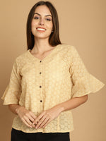 Thumbnail for Indian Needle Women's Embroidered Cotton V-Neck Top - Beige - Distacart