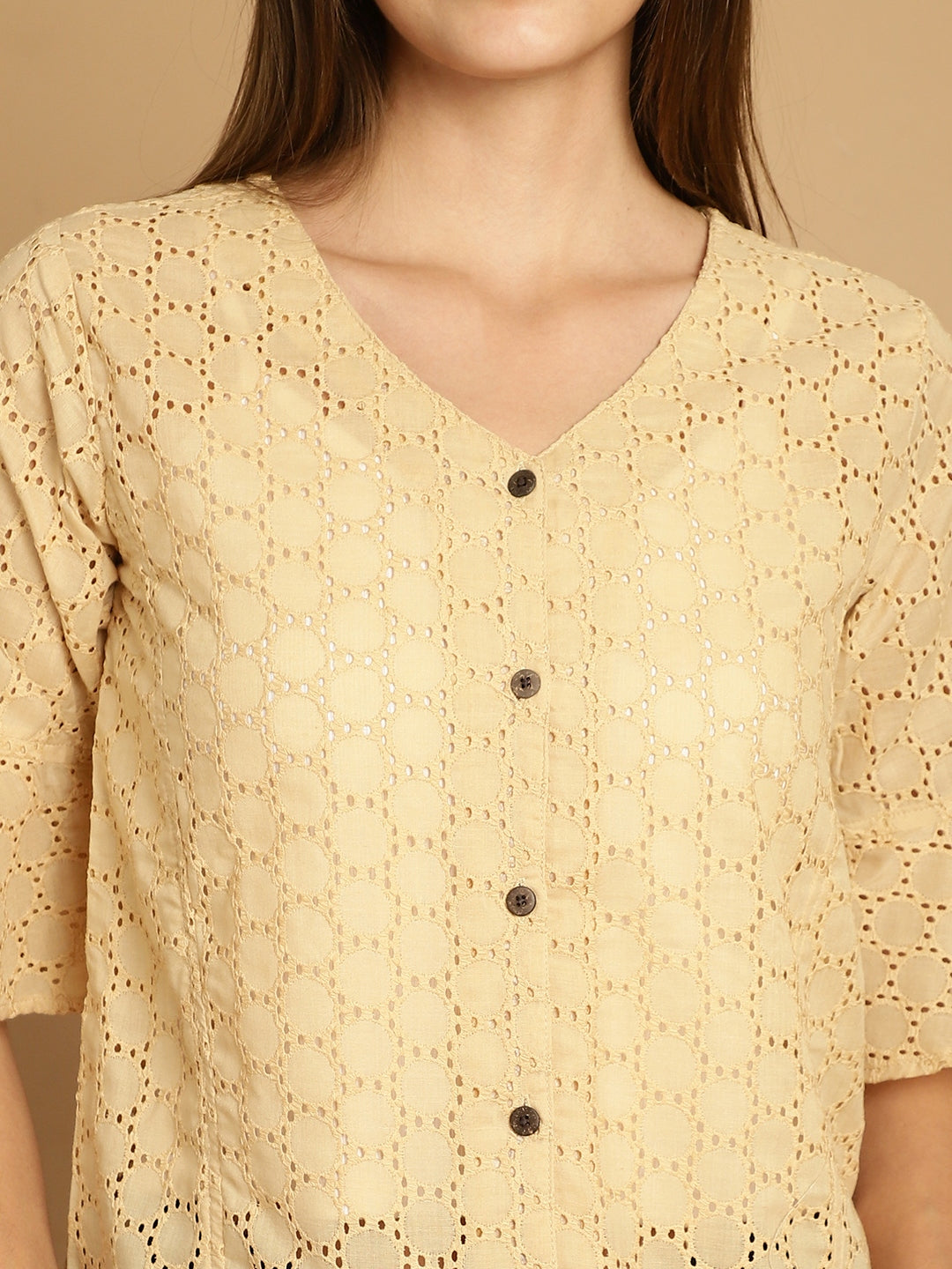 Indian Needle Women's Embroidered Cotton V-Neck Top - Beige - Distacart