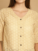 Thumbnail for Indian Needle Women's Embroidered Cotton V-Neck Top - Beige - Distacart