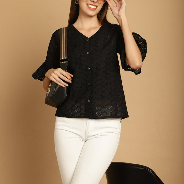 Indian Needle Women's Embroidered Cotton V-Neck Top - Black - Distacart