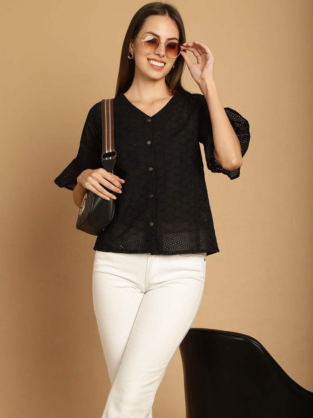 Indian Needle Women's Embroidered Cotton V-Neck Top - Black - Distacart