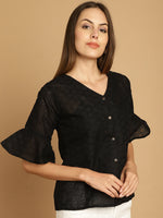 Thumbnail for Indian Needle Women's Embroidered Cotton V-Neck Top - Black - Distacart