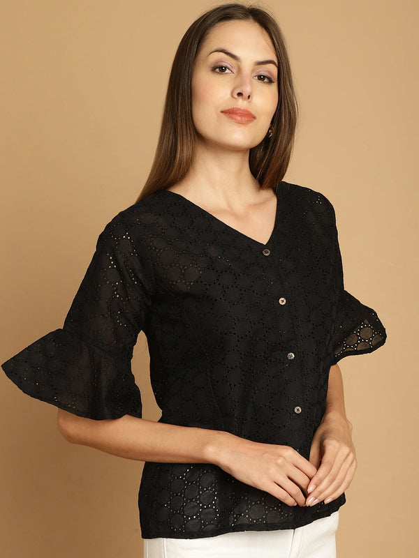 Indian Needle Women's Embroidered Cotton V-Neck Top - Black - Distacart