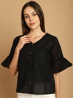 Thumbnail for Indian Needle Women's Embroidered Cotton V-Neck Top - Black - Distacart