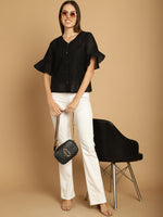 Thumbnail for Indian Needle Women's Embroidered Cotton V-Neck Top - Black - Distacart