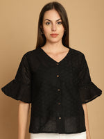 Thumbnail for Indian Needle Women's Embroidered Cotton V-Neck Top - Black - Distacart