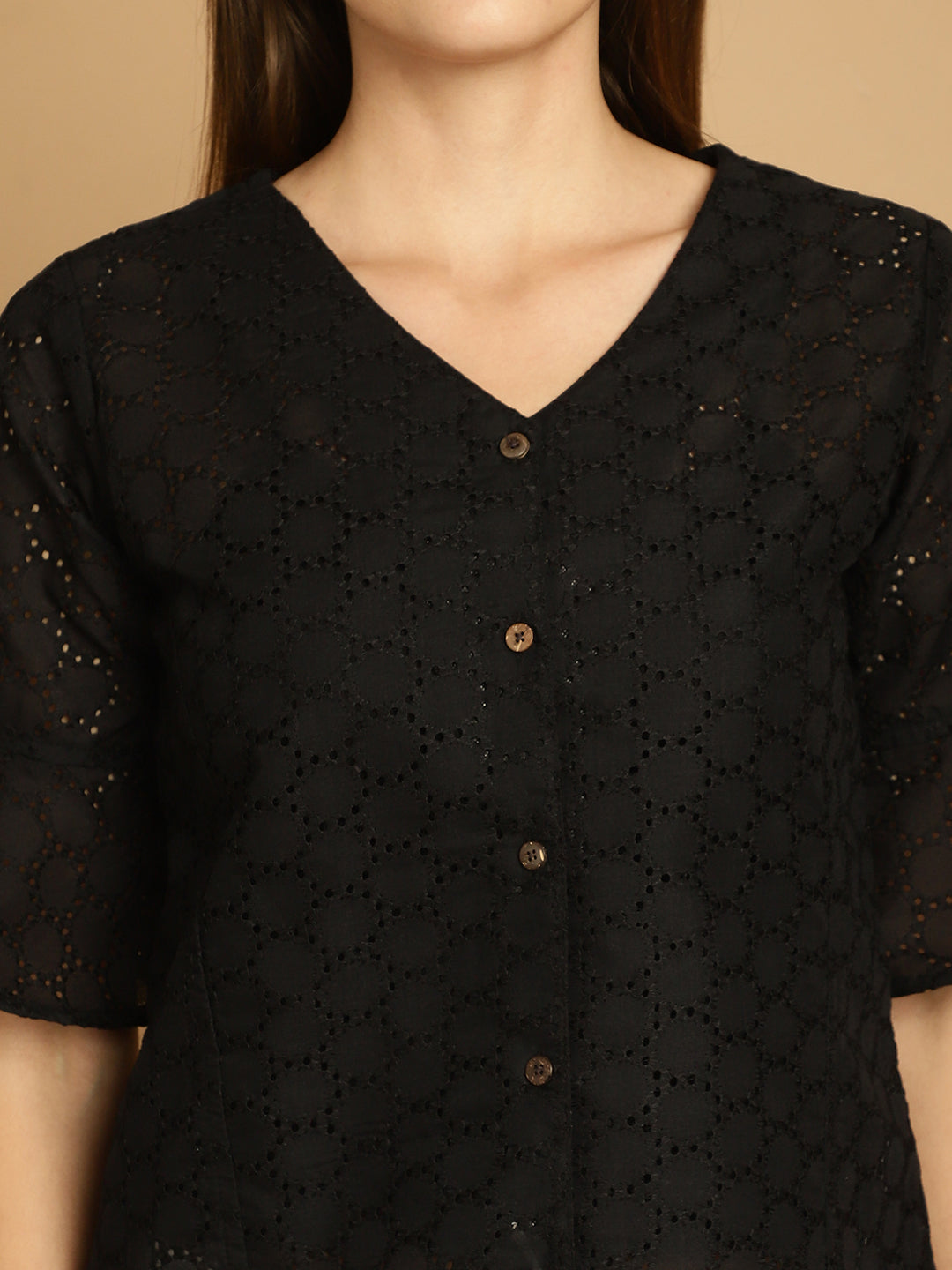 Indian Needle Women's Embroidered Cotton V-Neck Top - Black - Distacart