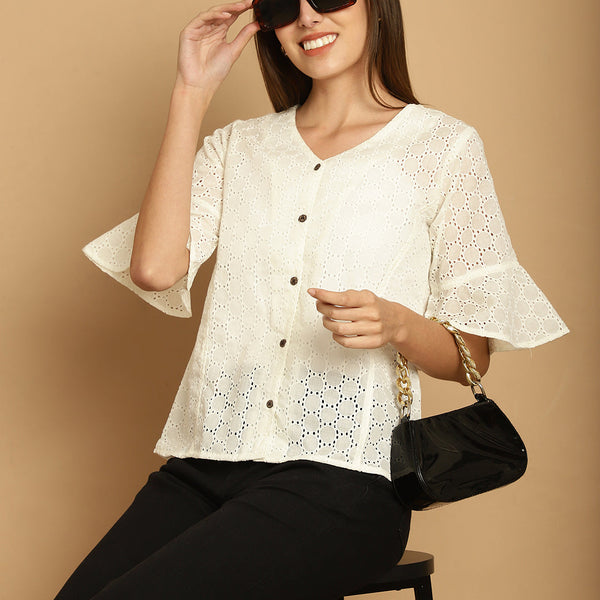 Indian Needle Women's Embroidered Cotton V-Neck Top - White - Distacart