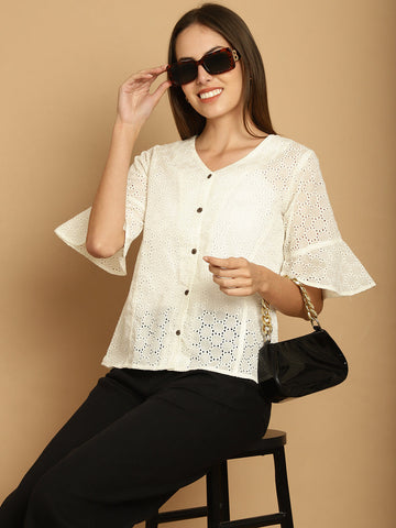 Indian Needle Women's Embroidered Cotton V-Neck Top - White - Distacart