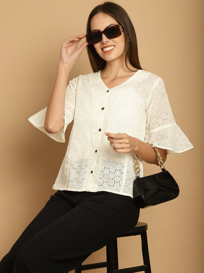 Indian Needle Women's Embroidered Cotton V-Neck Top - White - Distacart