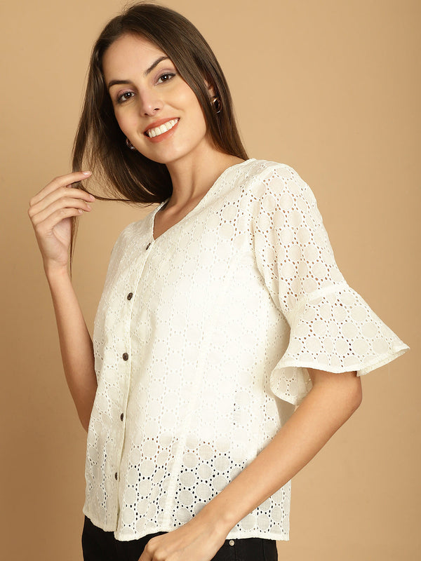 Indian Needle Women's Embroidered Cotton V-Neck Top - White - Distacart