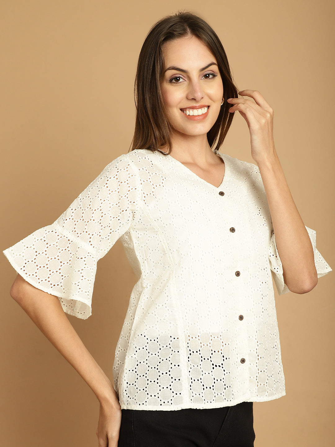 Indian Needle Women's Embroidered Cotton V-Neck Top - White - Distacart
