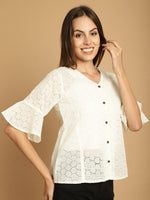 Thumbnail for Indian Needle Women's Embroidered Cotton V-Neck Top - White - Distacart