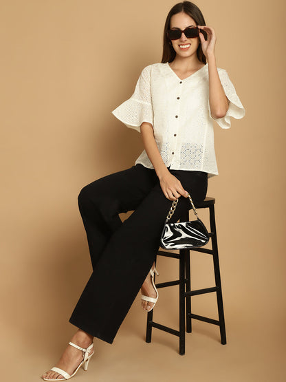 Indian Needle Women's Embroidered Cotton V-Neck Top - White - Distacart