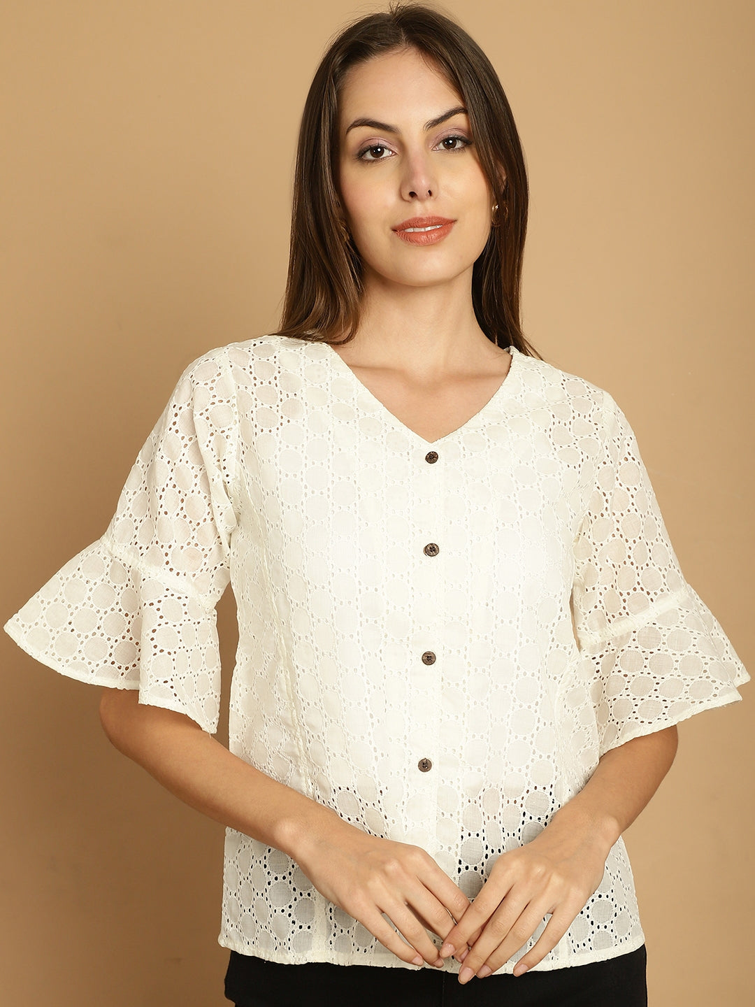 Indian Needle Women's Embroidered Cotton V-Neck Top - White - Distacart